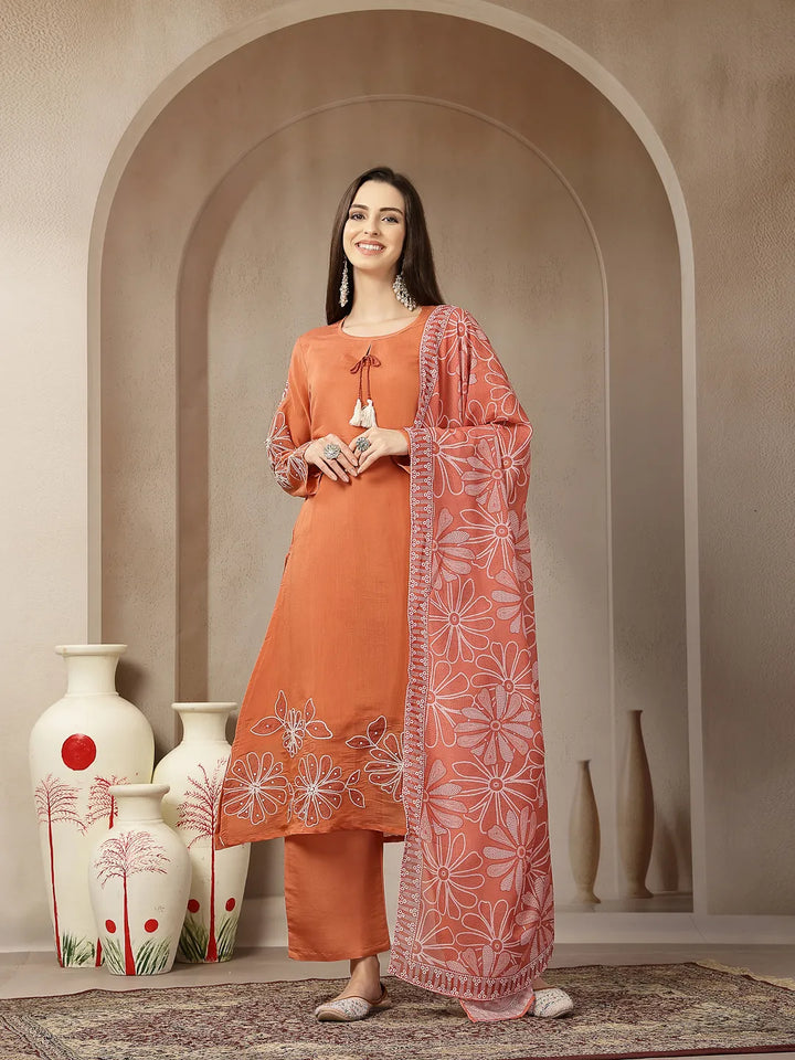 Rust Mul Chanderi Silk Keyhole Neck A-Line Kurta Trouser Dupatta Set