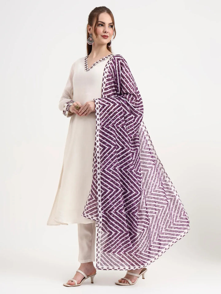 Purple And Off White Mul Chanderi Silk Anarkali Kurta Trouser Dupatta Set