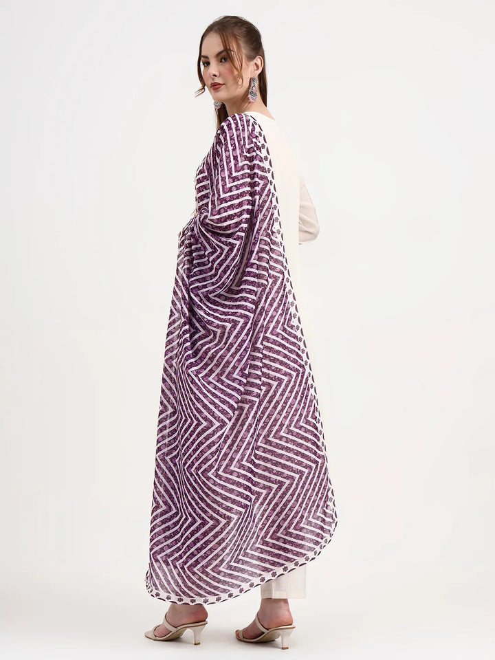 Purple And Off White Mul Chanderi Silk Anarkali Kurta Trouser Dupatta Set