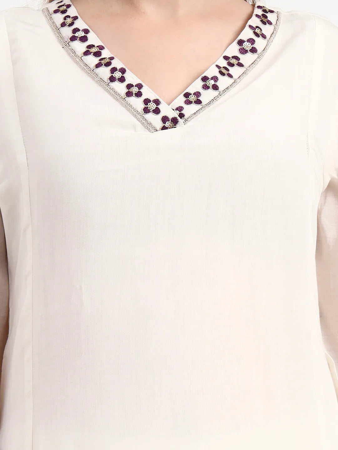 Purple And Off White Mul Chanderi Silk Anarkali Kurta Trouser Dupatta Set