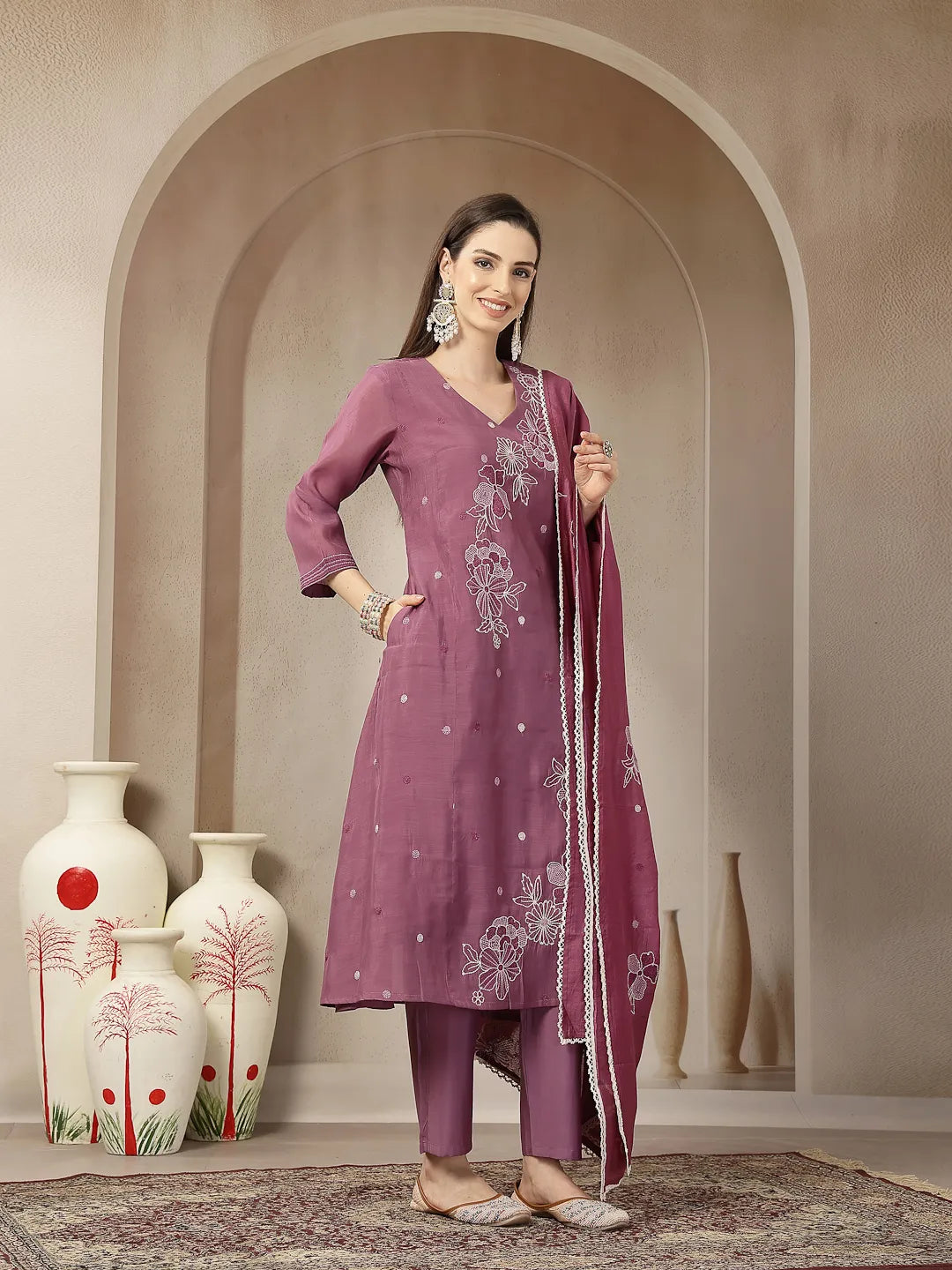 Purple Mul Chanderi Kantha Work Kurta Dupatta Pant Set