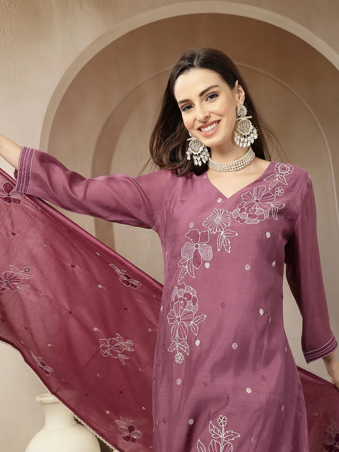 Purple Mul Chanderi Kantha Work Kurta Dupatta Pant Set