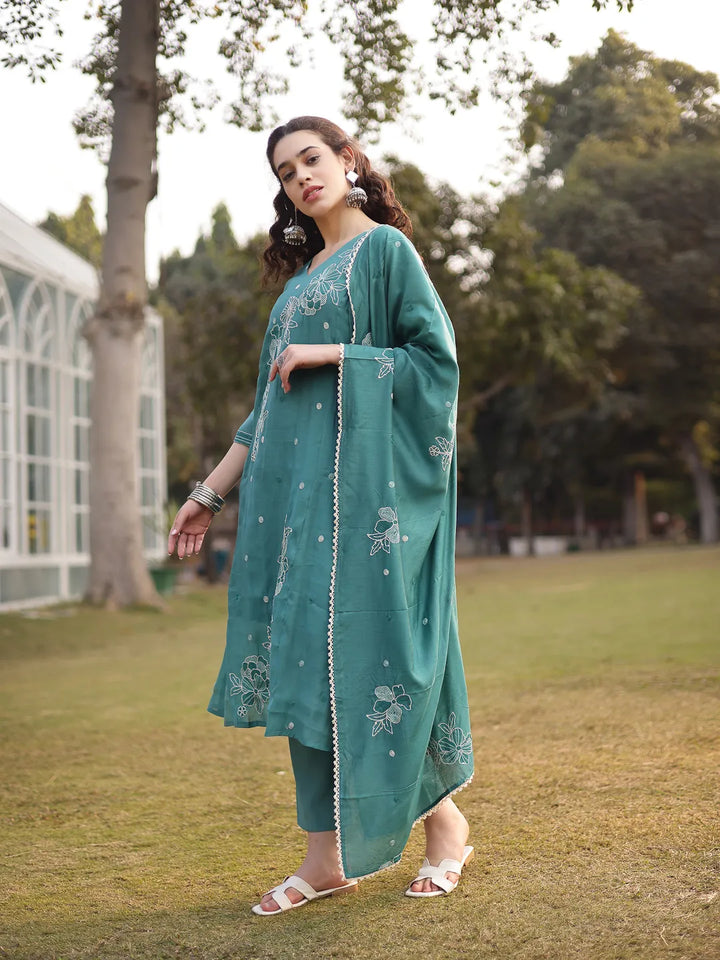 Turquoise Blue Mul Chanderi Kantha Work Kurta Dupatta Pant Set