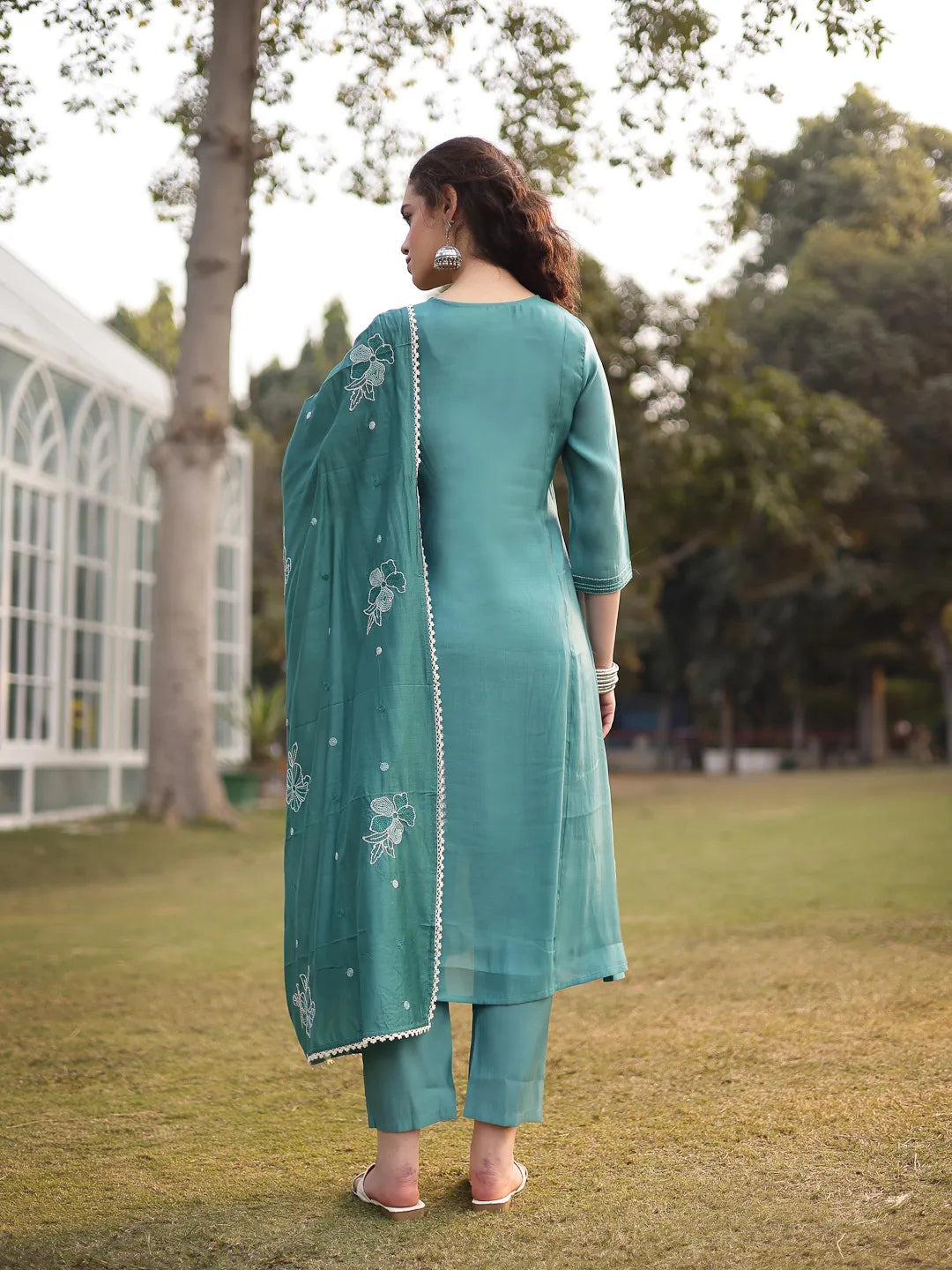 Turquoise Blue Mul Chanderi Kantha Work Kurta Dupatta Pant Set