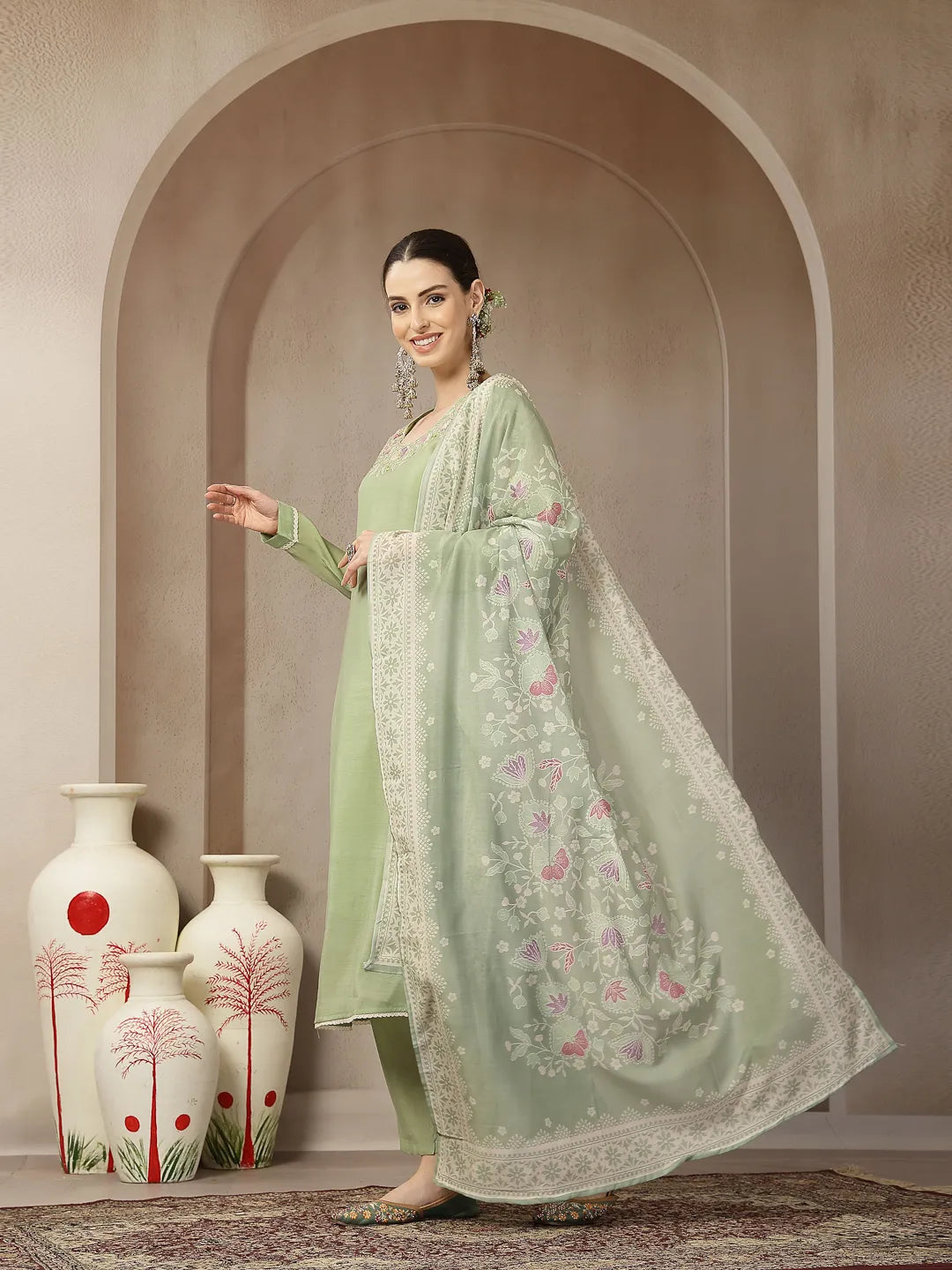 Green Mul Chanderi Silk Embroidery A-Line Kurta Trouser Dupatta Set