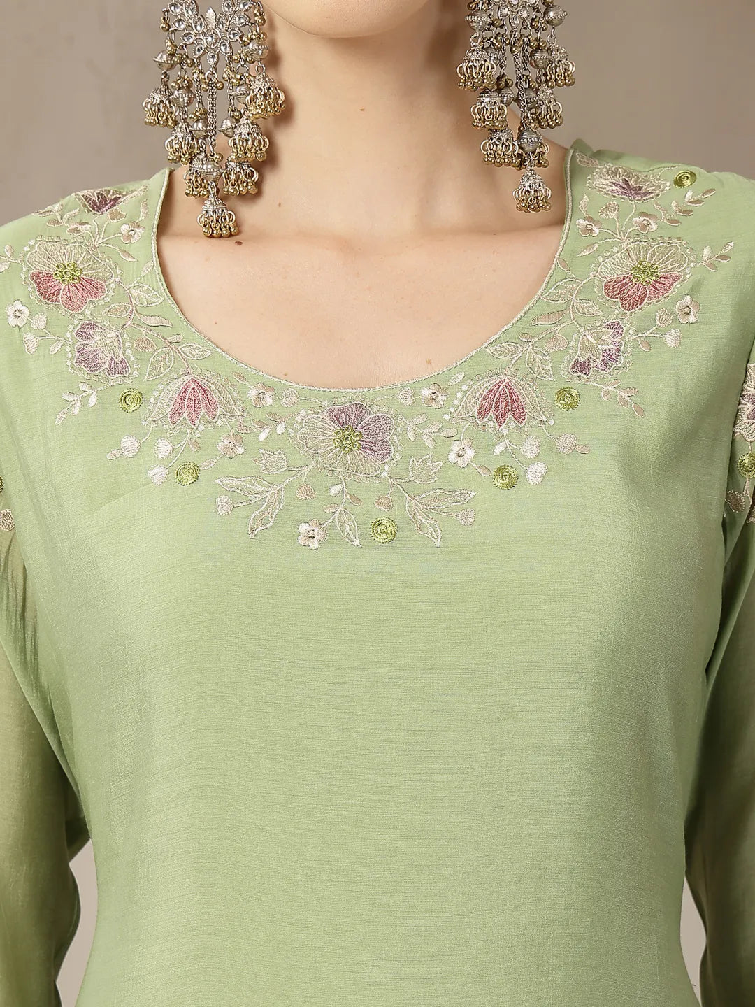 Green Mul Chanderi Silk Embroidery A-Line Kurta Trouser Dupatta Set