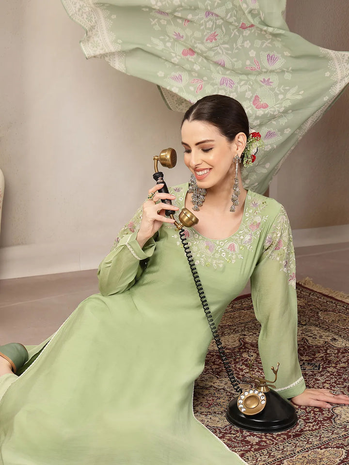 Green Mul Chanderi Silk Embroidery A-Line Kurta Trouser Dupatta Set