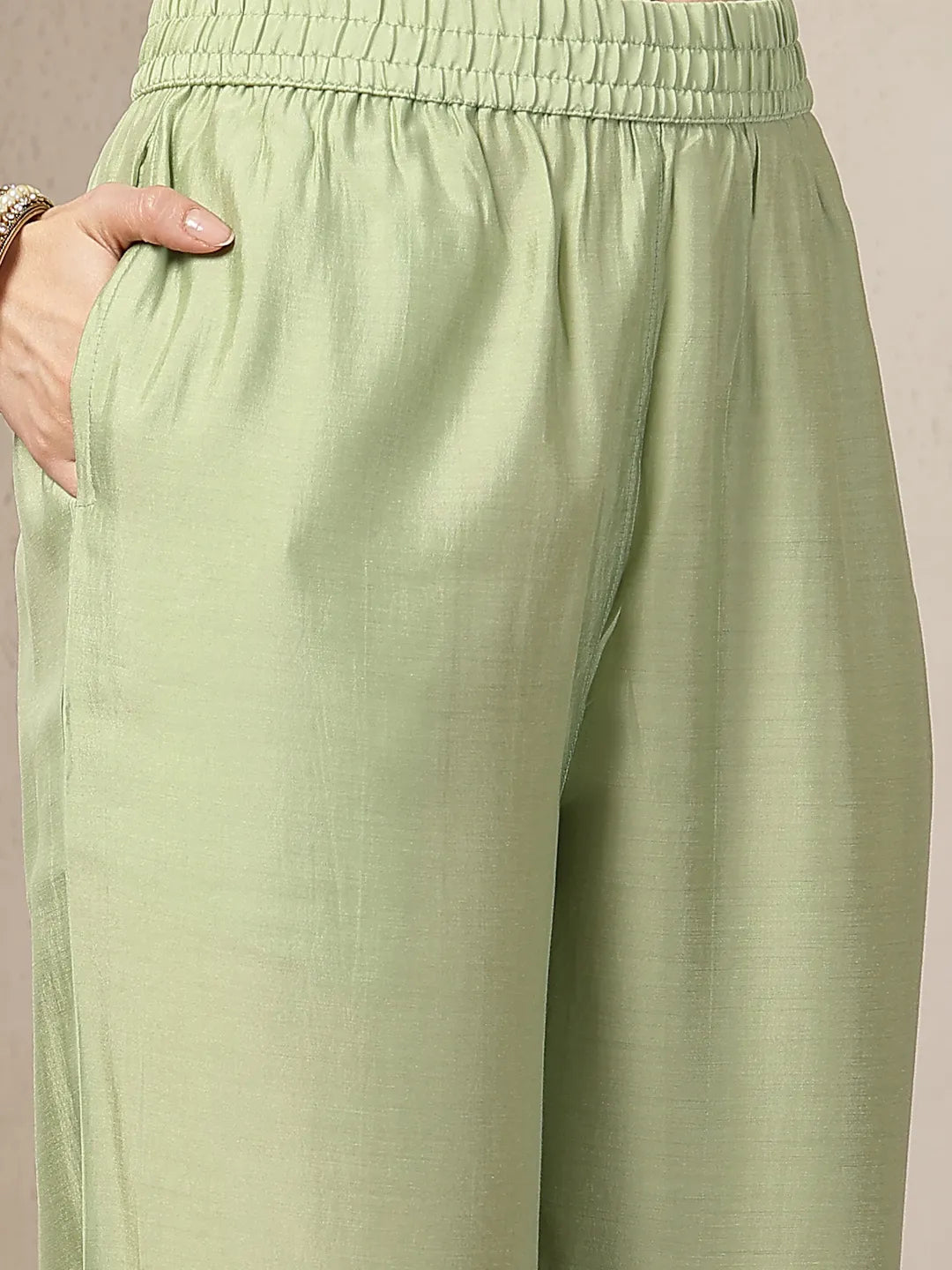 Green Mul Chanderi Silk Embroidery A-Line Kurta Trouser Dupatta Set