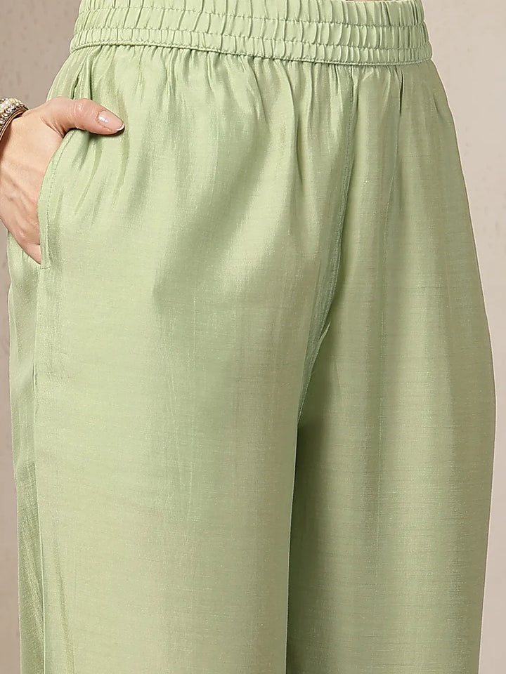 Green Mul Chanderi Silk Embroidery A-Line Kurta Trouser Dupatta Set