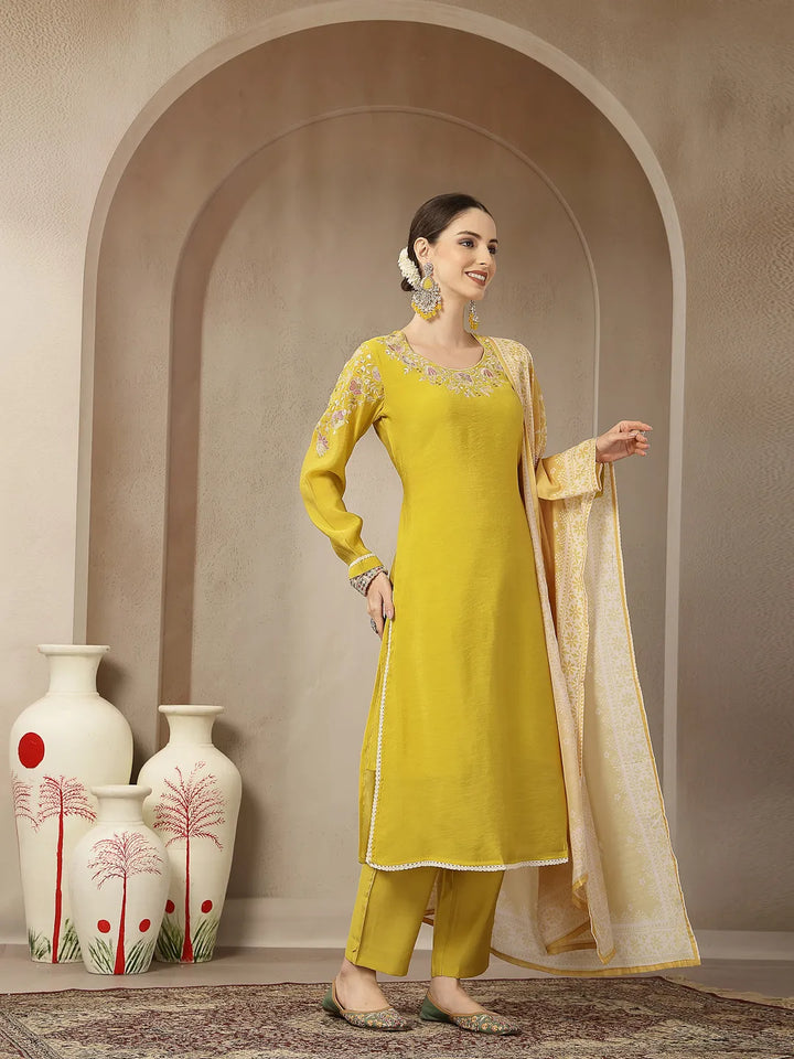 Mustard Yellow Mul Chanderi Silk Embroidery A-Line Kurta Trouser Dupatta Set