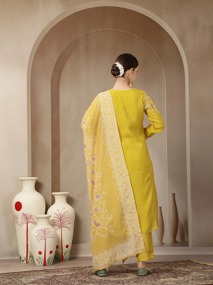 Mustard Yellow Mul Chanderi Silk Embroidery A-Line Kurta Trouser Dupatta Set