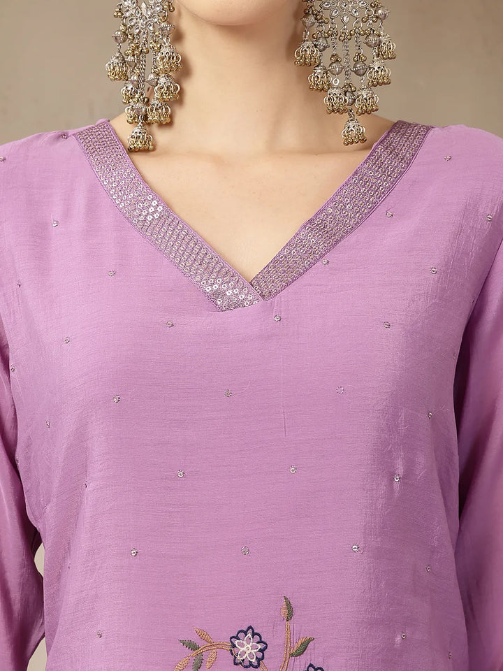 Lavender Mul Chanderi Silk Embroidery A-Line Kurta Palazzo Dupatta Set