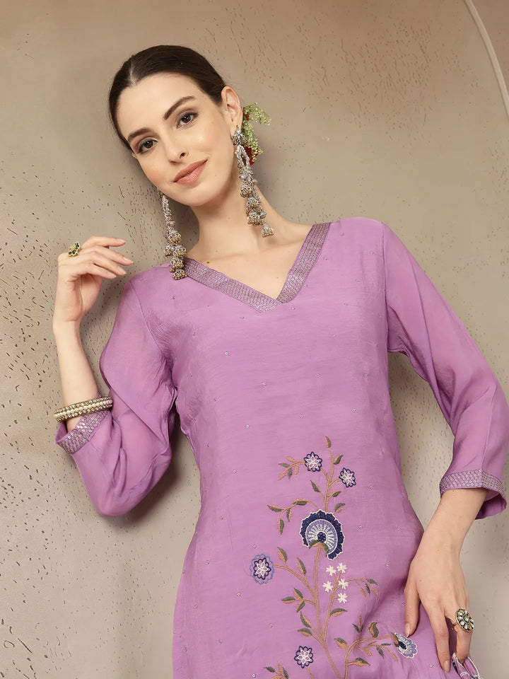 Lavender Mul Chanderi Silk Embroidery A-Line Kurta Palazzo Dupatta Set