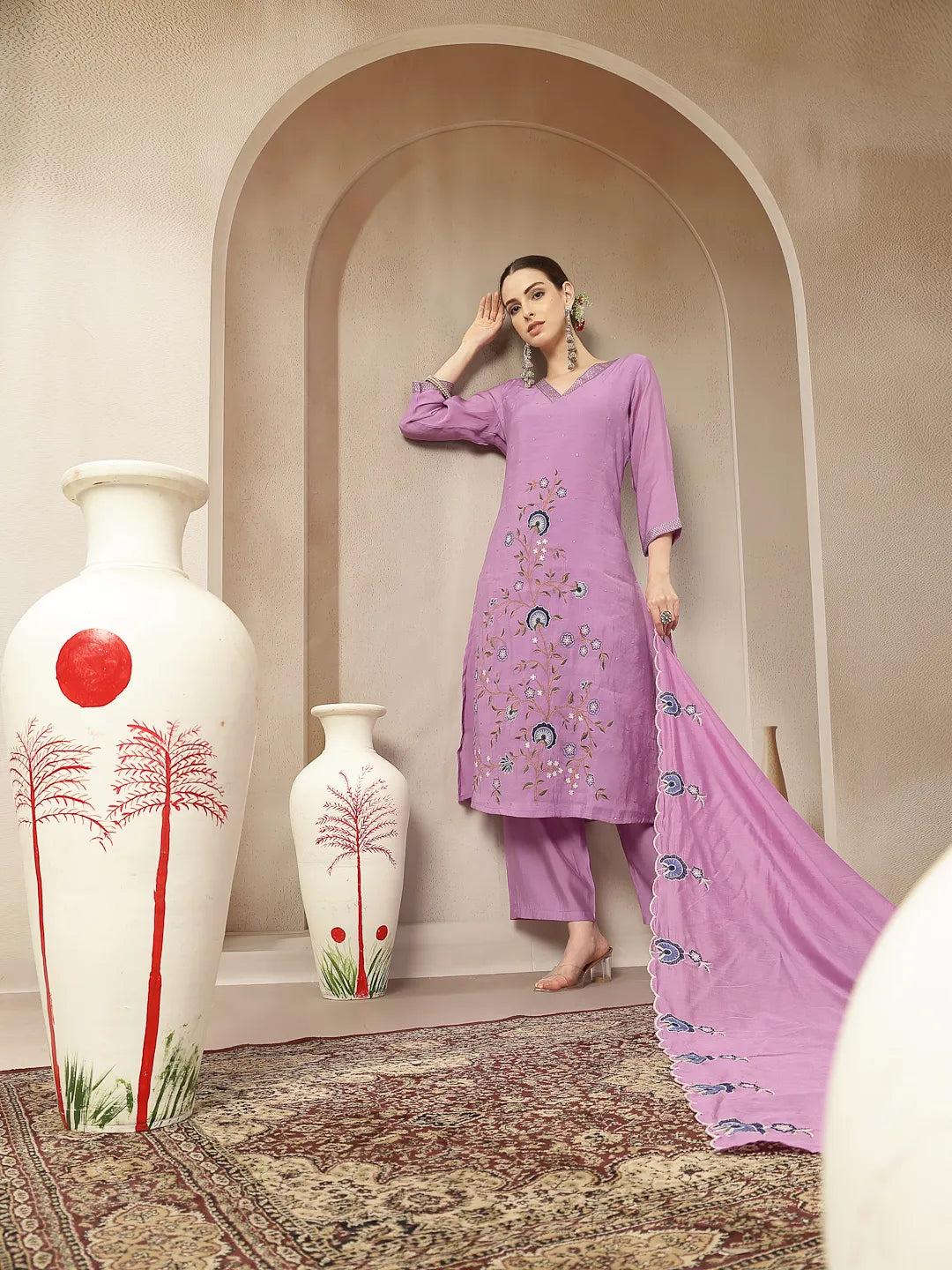 Lavender Mul Chanderi Silk Embroidery A-Line Kurta Palazzo Dupatta Set