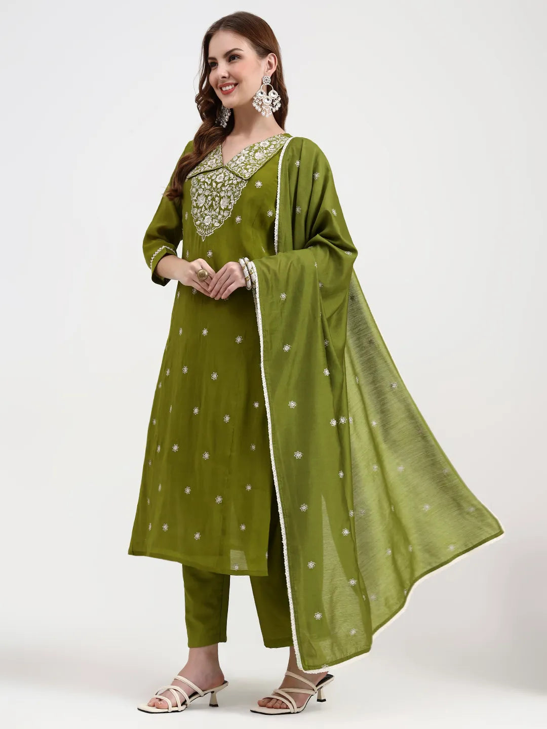 Lime Green Mul Chanderi Thread Work Sequins Work A-Line Kurta Trouser Dupatta Set
