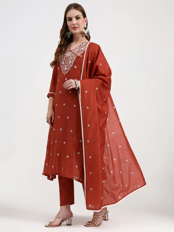 Rust Mul Chanderi Thread Work Sequins Work A-Line Kurta Trouser Dupatta Set