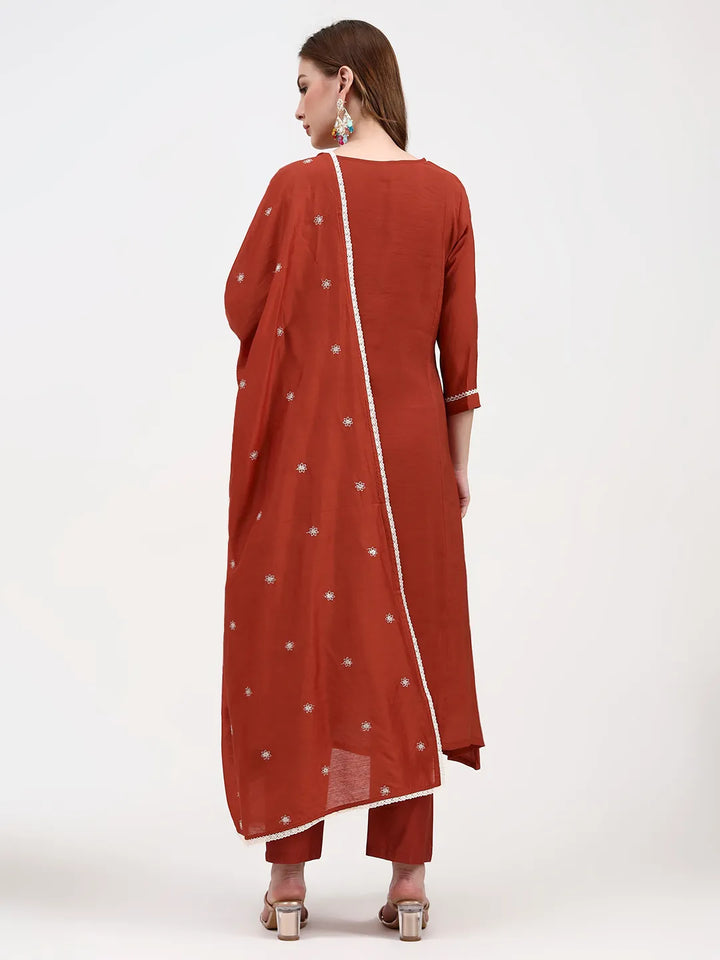 Rust Mul Chanderi Thread Work Sequins Work A-Line Kurta Trouser Dupatta Set