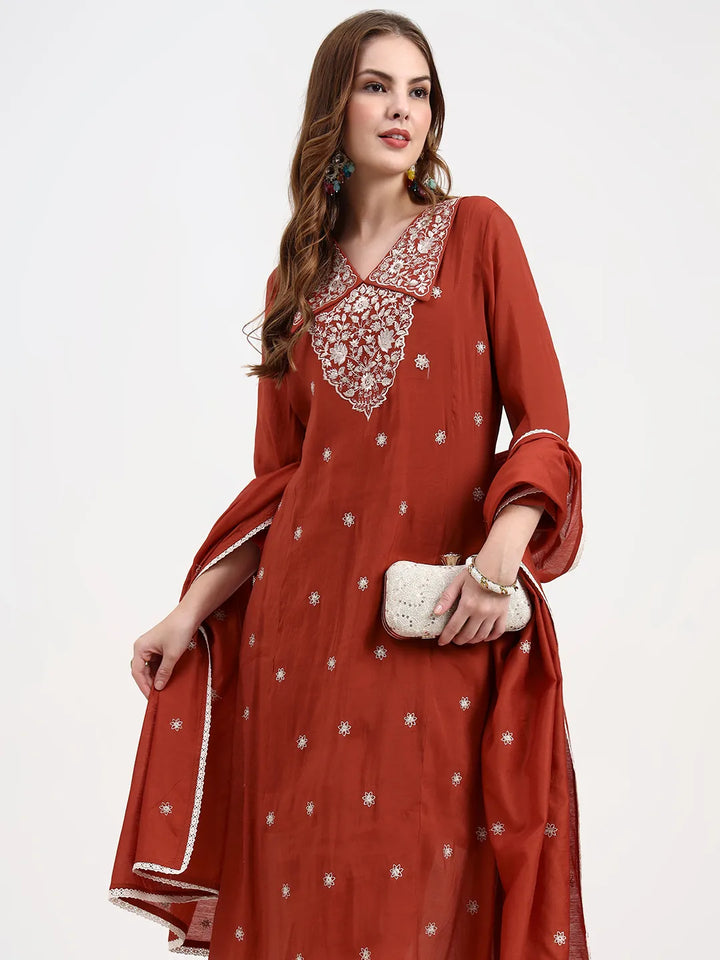 Rust Mul Chanderi Thread Work Sequins Work A-Line Kurta Trouser Dupatta Set