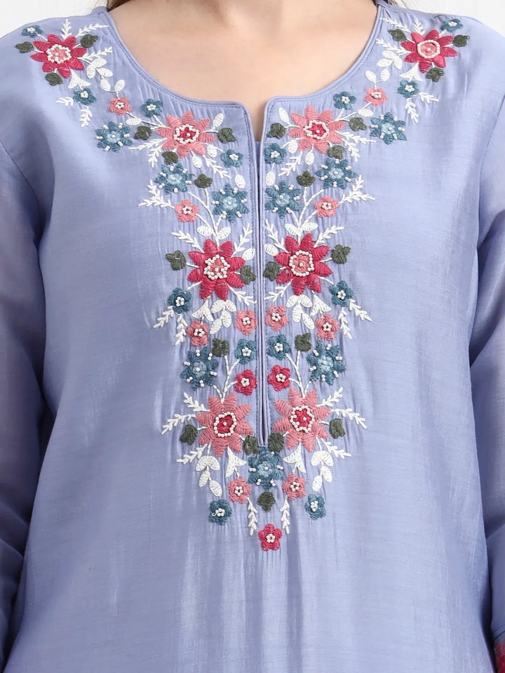 Mul Chanderi Blue Kurta Dupatta Pant Set