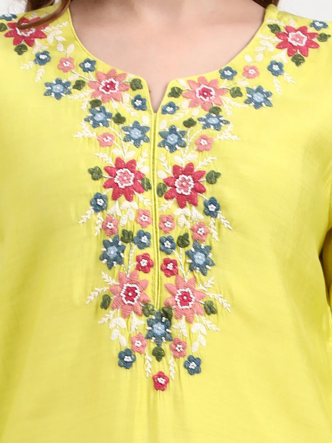 Mul Chanderi Lemon Yellow Kurta Dupatta Pant Set
