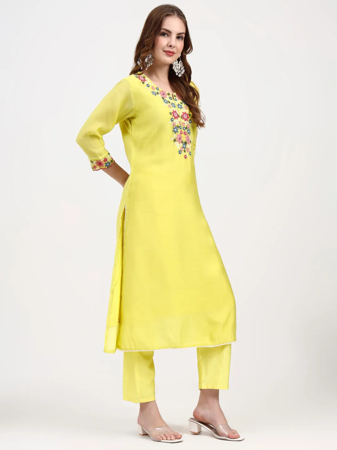 Mul Chanderi Lemon Yellow Kurta Dupatta Pant Set