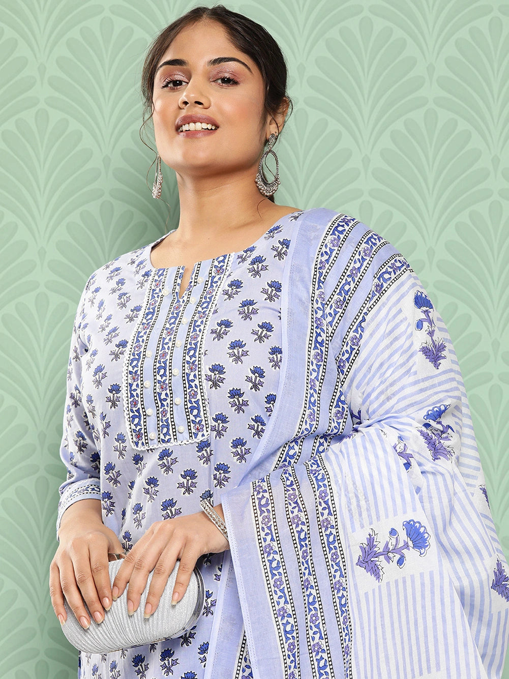 Plus Size Floral Printed Pure Cotton Kurta with Trousers & With Dupatta