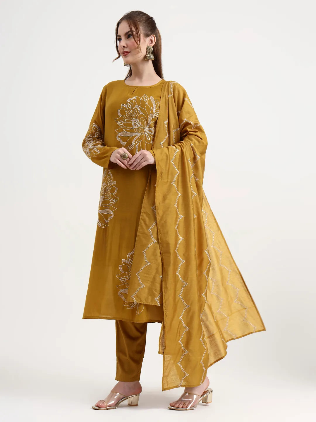 Mul Chanderi Mustard Kurta Dupatta Pant Set