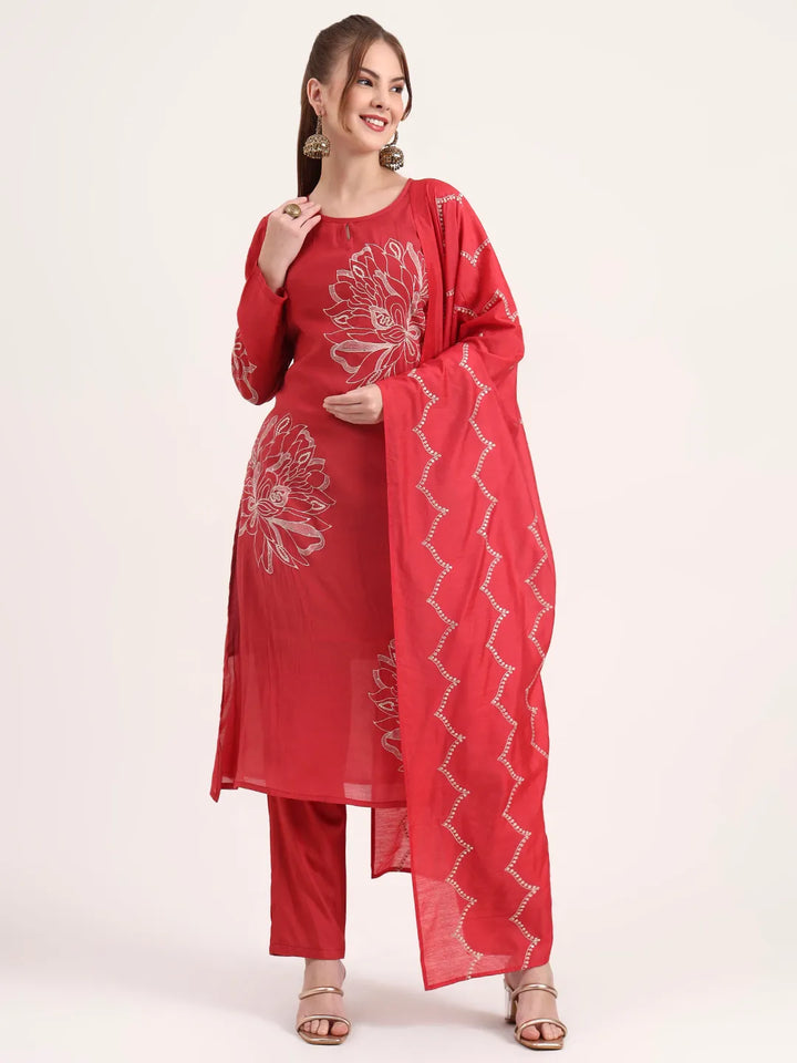 Mul Chanderi Red Kurta Dupatta Pant Set