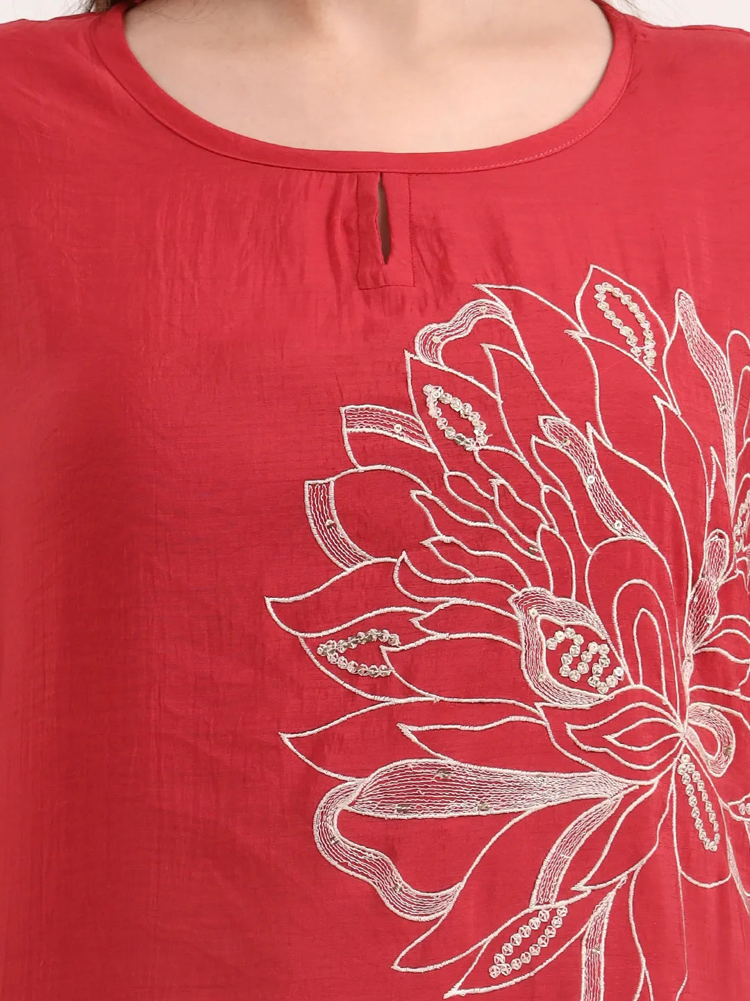 Mul Chanderi Red Kurta Dupatta Pant Set