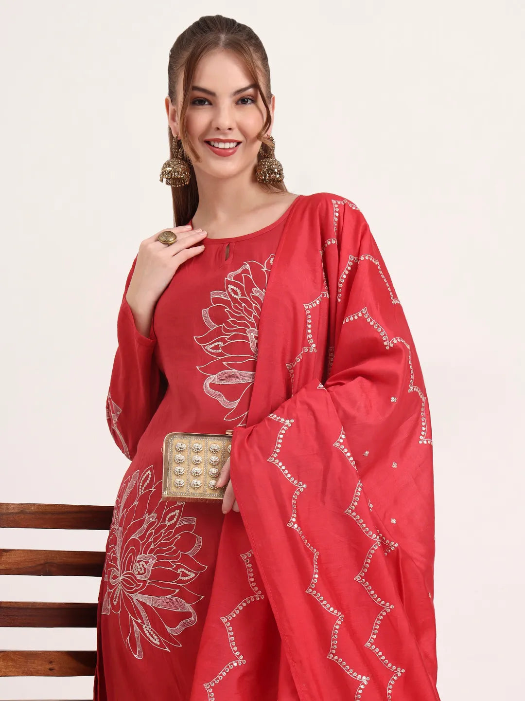 Mul Chanderi Red Kurta Dupatta Pant Set