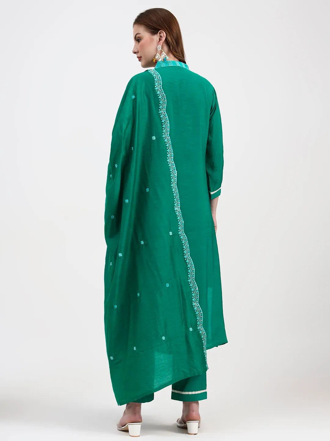 Green Mul Chanderi Thread Work Sequins Work Straight Kurta Trouser Dupatta Set