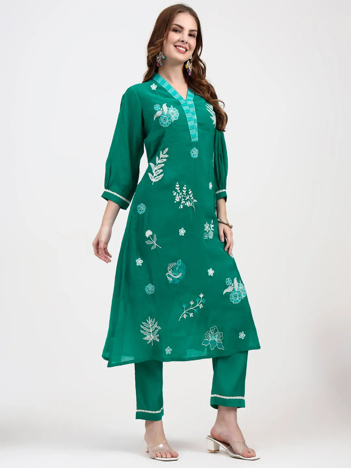Green Mul Chanderi Thread Work Sequins Work Straight Kurta Trouser Dupatta Set