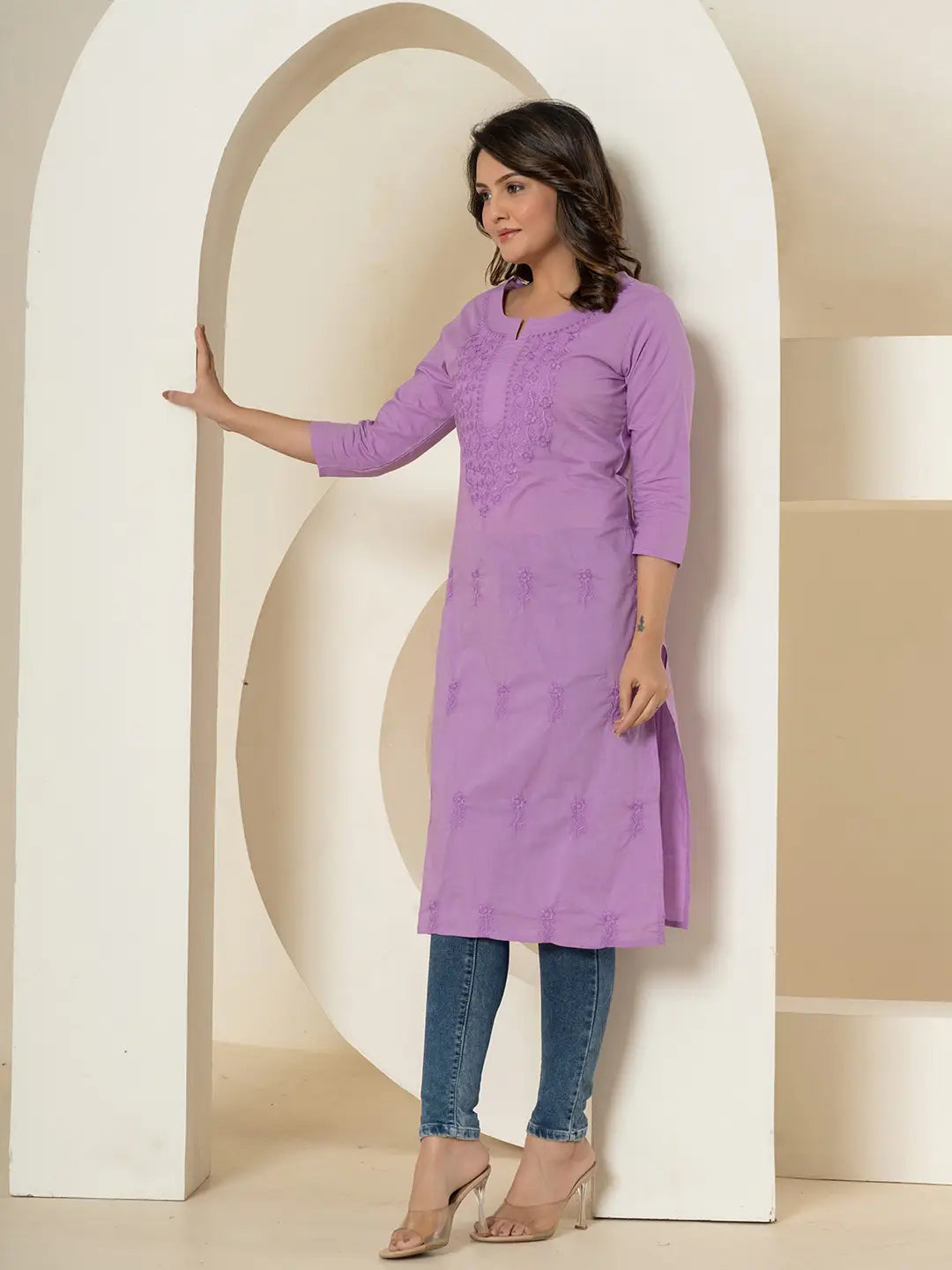 Women Lavender Chikankari Straight Kurta-Yufta Store-1285KURLVS