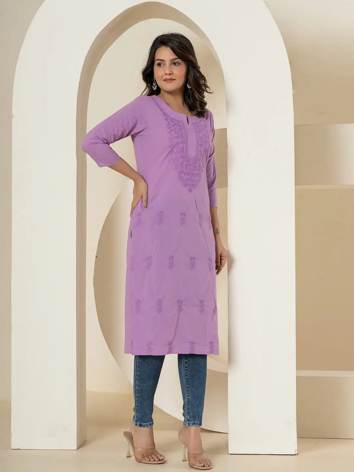 Women Lavender Chikankari Straight Kurta-Yufta Store-1285KURLVS