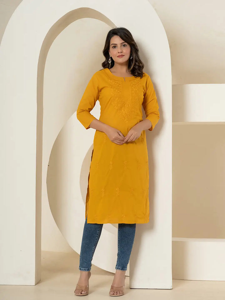 Women Mustard Chikankari Straight Kurta-Yufta Store-1285KURMSS