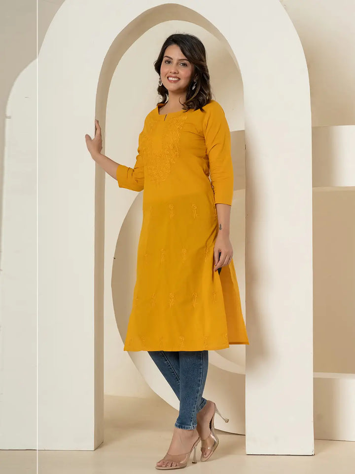 Women Mustard Chikankari Straight Kurta-Yufta Store-1285KURMSS