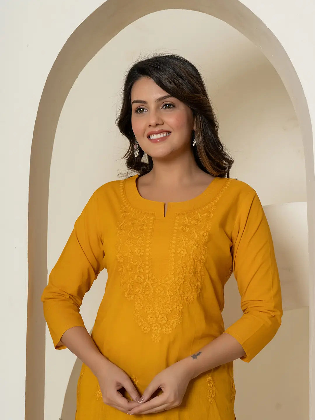 Women Mustard Chikankari Straight Kurta-Yufta Store-1285KURMSS