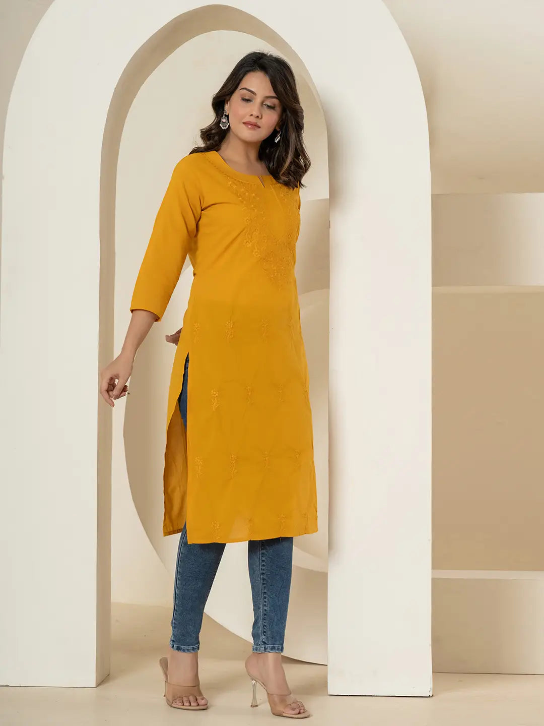 Women Mustard Chikankari Straight Kurta-Yufta Store-1285KURMSS