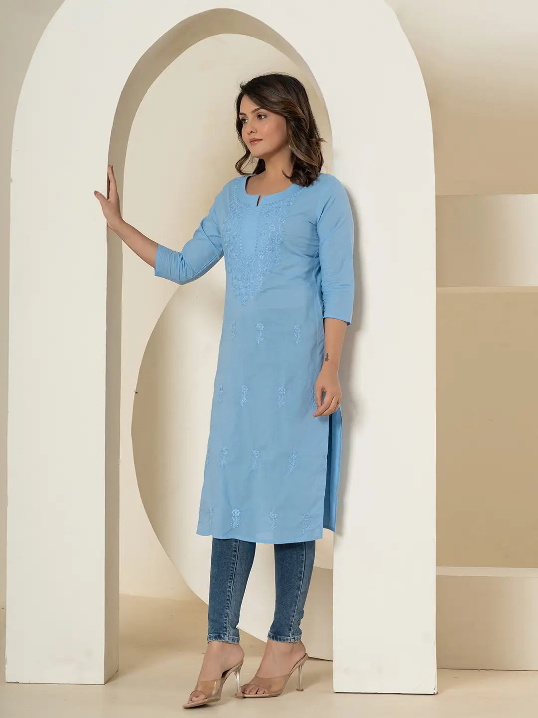 Women Sky Blue Chikankari Straight Kurta-Yufta Store-1285KURSBS