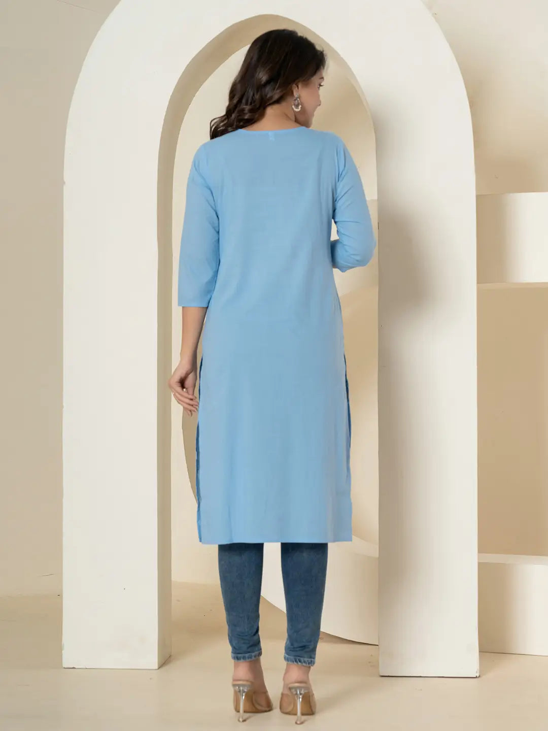 Women Sky Blue Chikankari Straight Kurta-Yufta Store-1285KURSBS