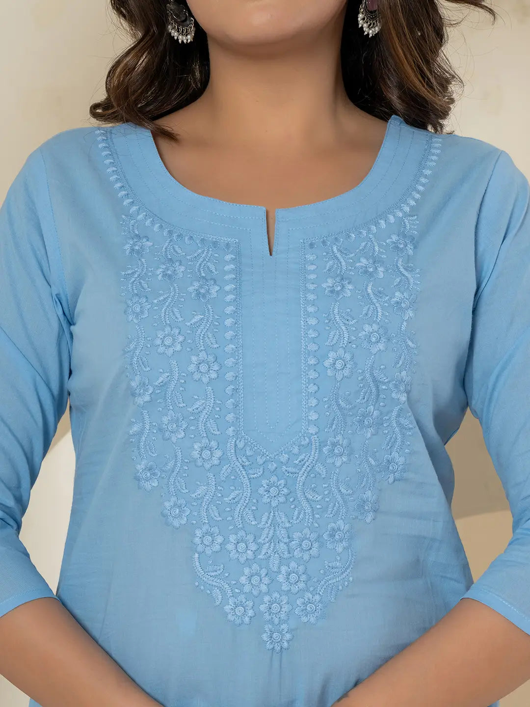 Women Sky Blue Chikankari Straight Kurta-Yufta Store-1285KURSBS