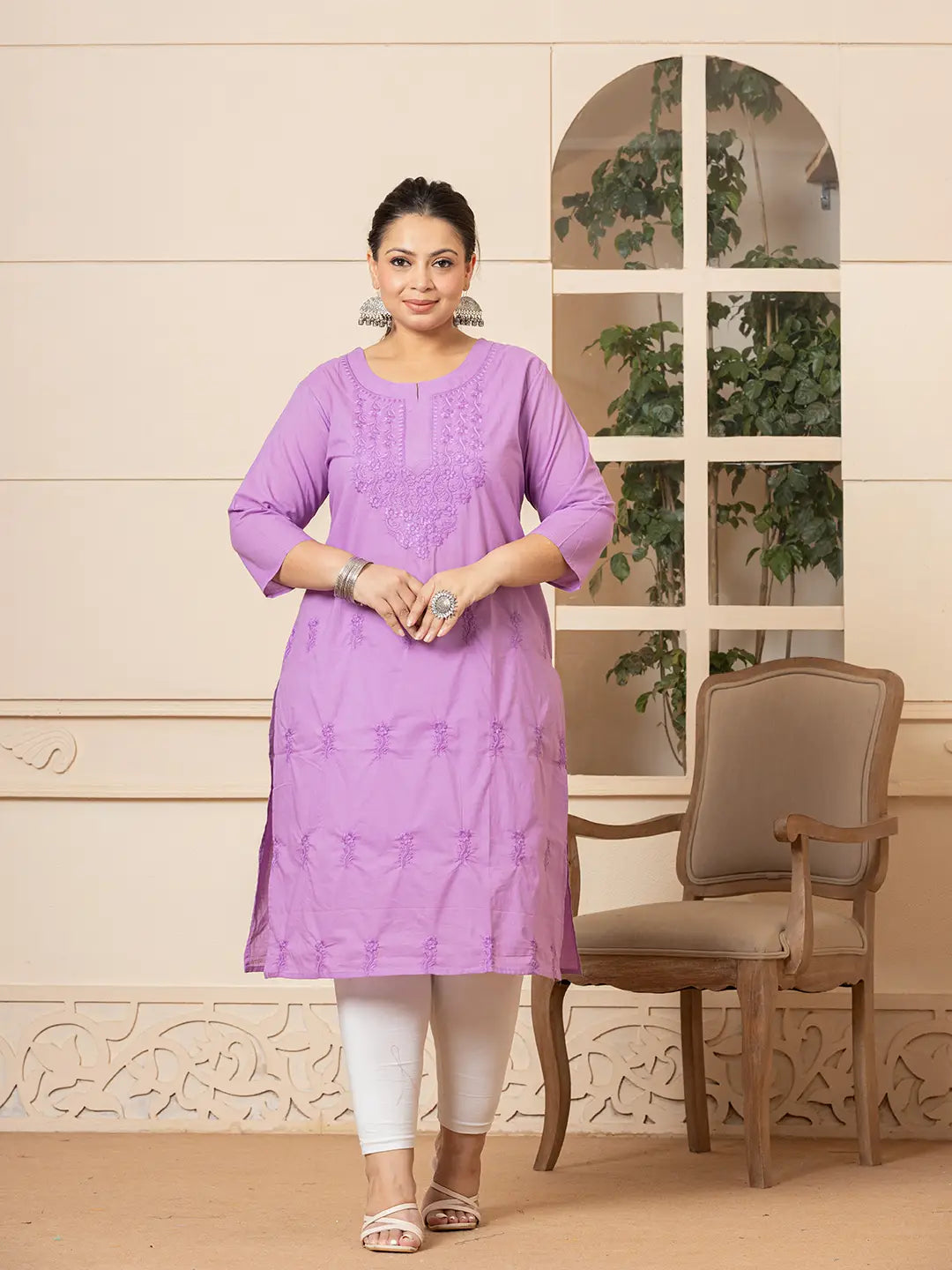 Women Lavender Floral Straight Plus Size Kurta-Yufta Store-1285PKURLV3XL