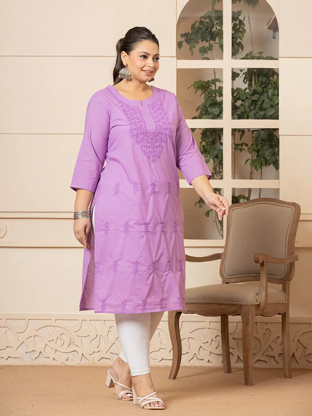 Women Lavender Floral Straight Plus Size Kurta-Yufta Store-1285PKURLV3XL