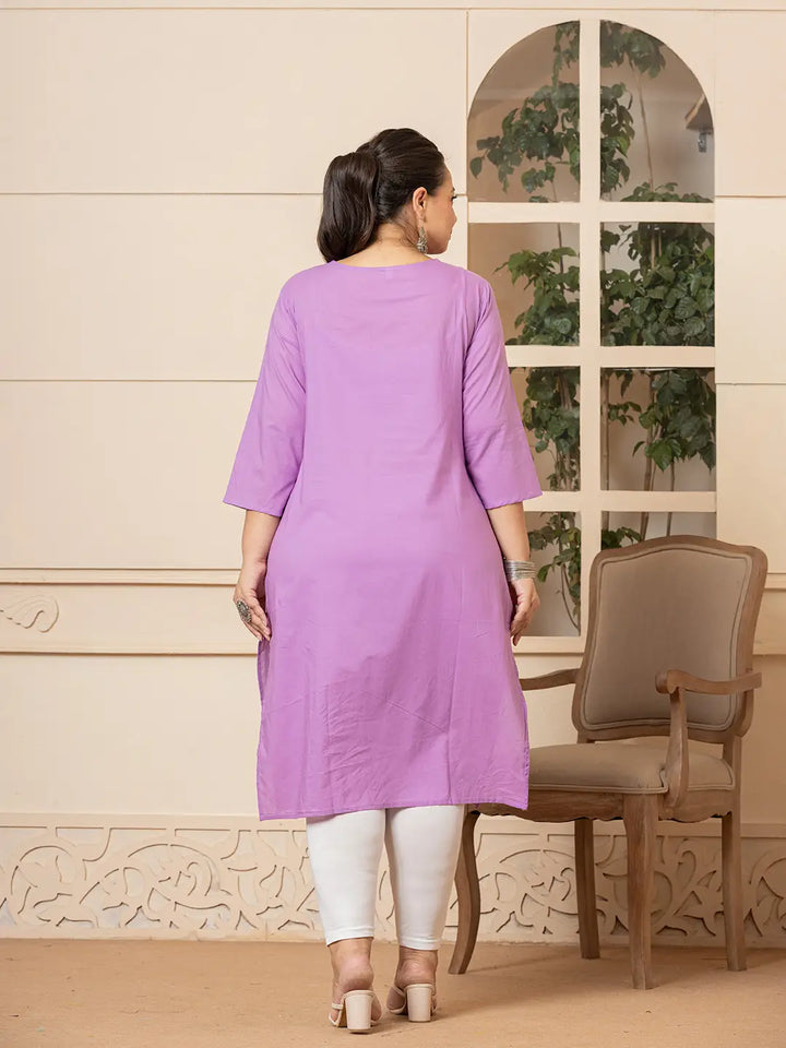 Women Lavender Floral Straight Plus Size Kurta-Yufta Store-1285PKURLV3XL