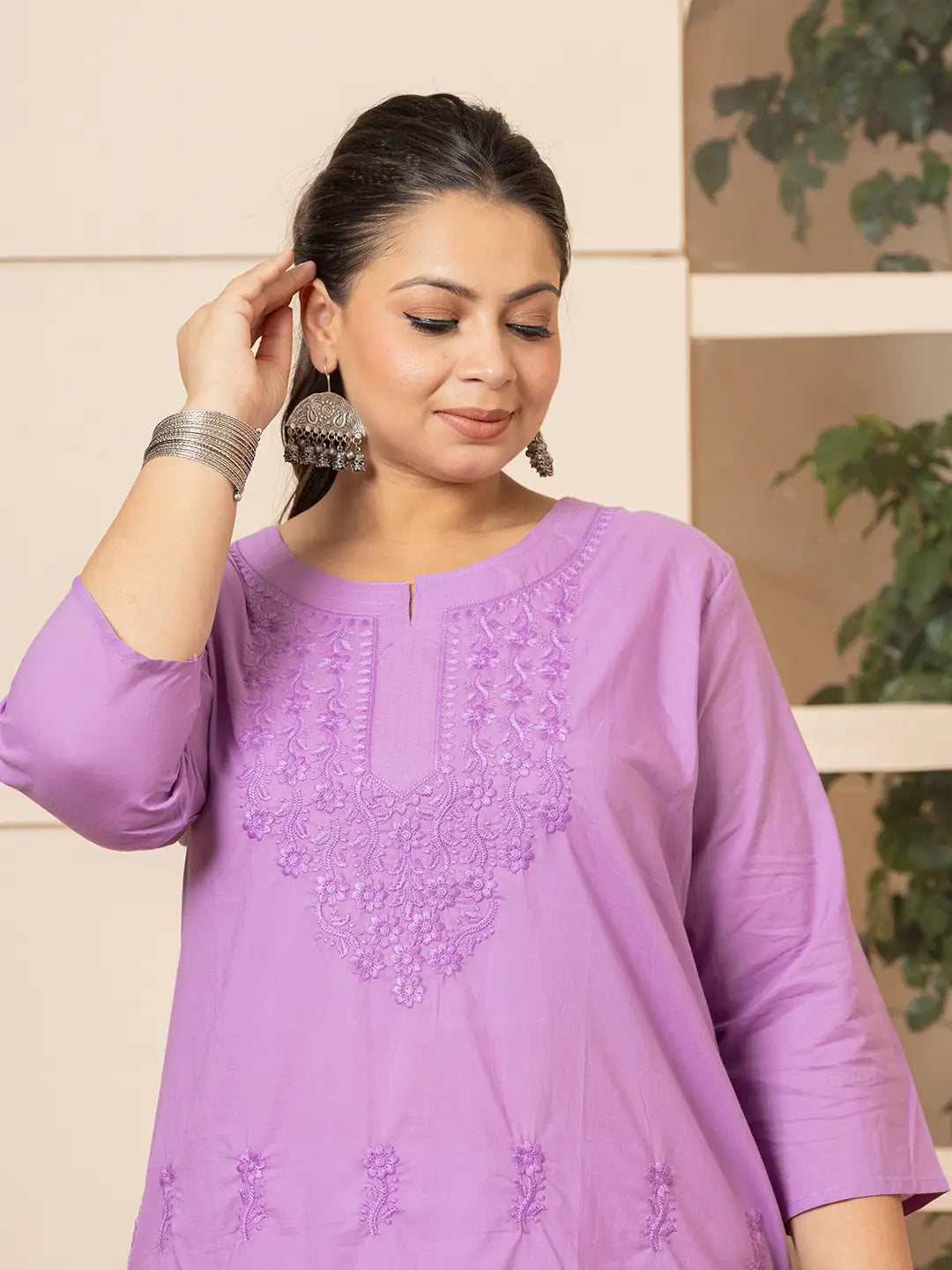 Women Lavender Floral Straight Plus Size Kurta-Yufta Store-1285PKURLV3XL