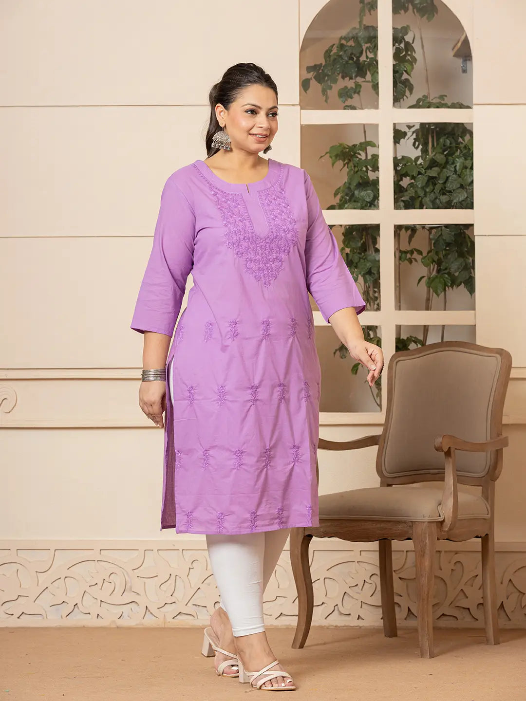 Women Lavender Floral Straight Plus Size Kurta-Yufta Store-1285PKURLV3XL