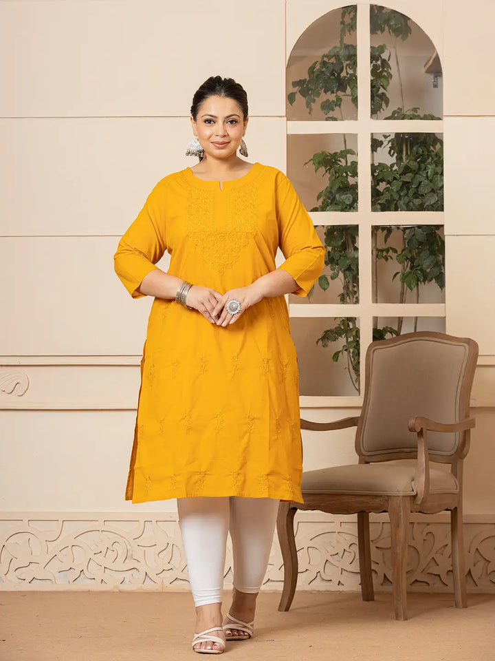 Women Mustard Floral Straight Plus Size Kurta-Yufta Store-1285PKURMS3XL