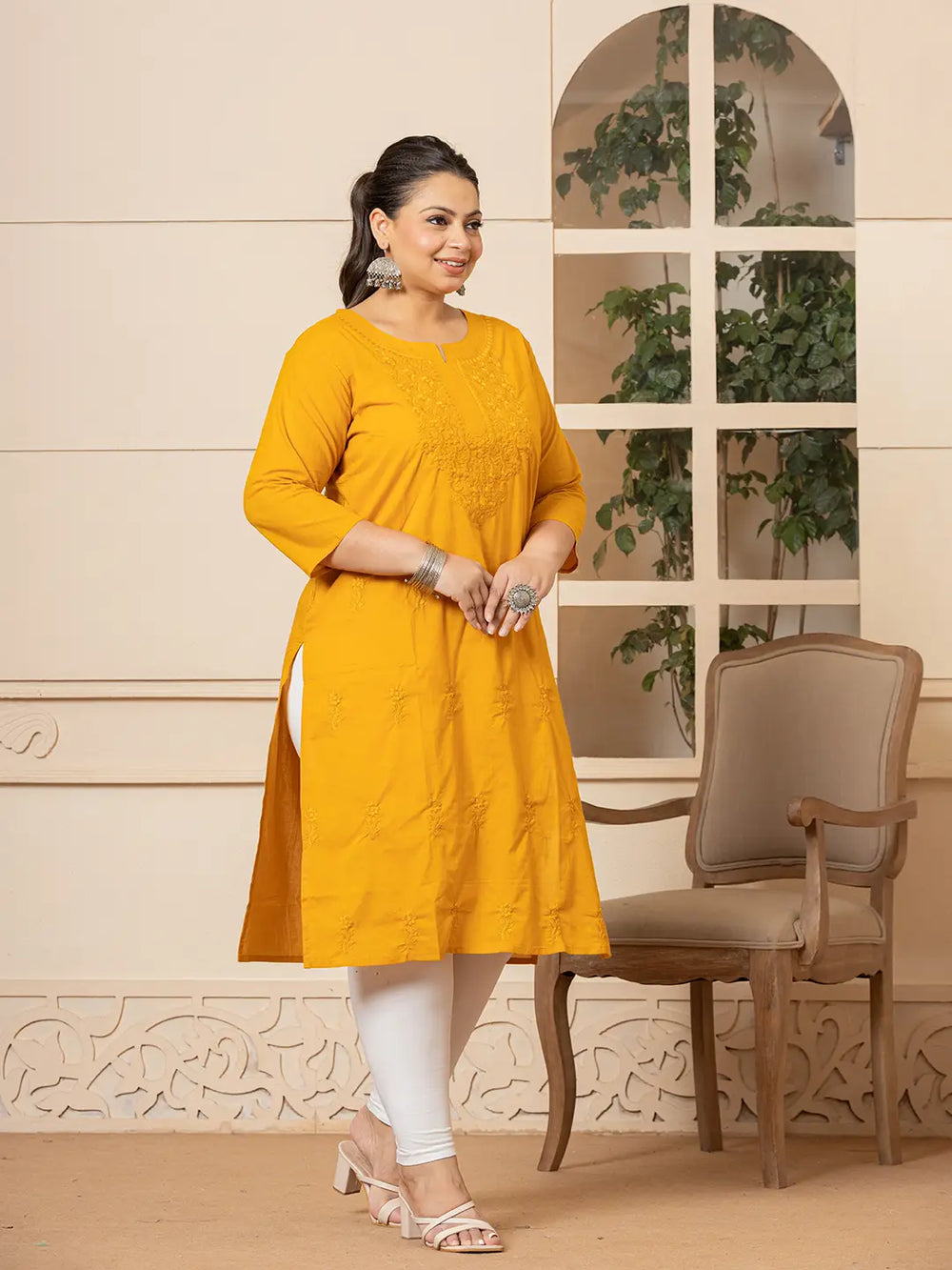 Women Mustard Floral Straight Plus Size Kurta-Yufta Store-1285PKURMS3XL