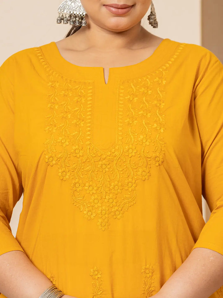 Women Mustard Floral Straight Plus Size Kurta-Yufta Store-1285PKURMS3XL