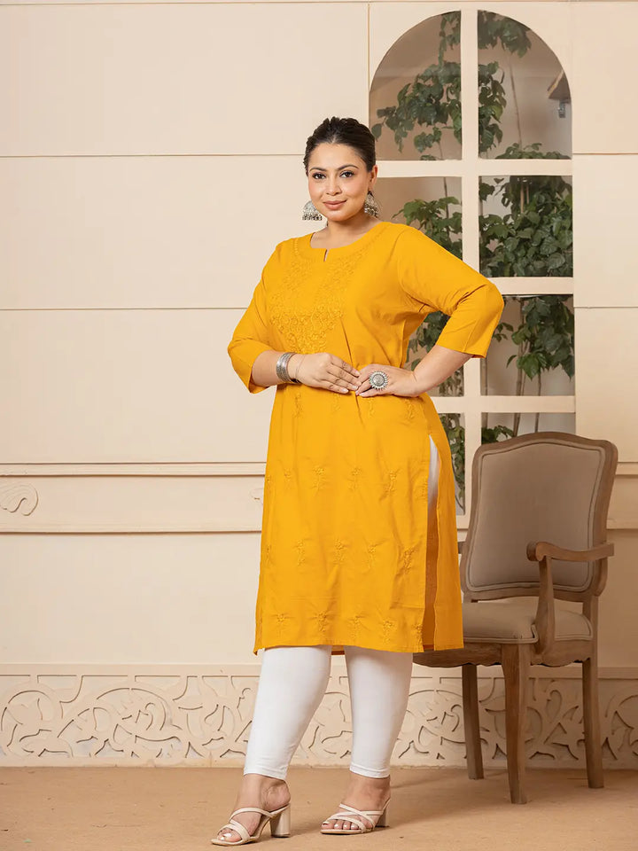 Women Mustard Floral Straight Plus Size Kurta-Yufta Store-1285PKURMS3XL